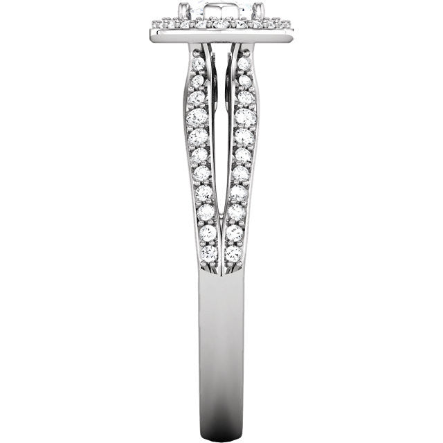Cubic Zirconia Engagement Ring- The Brooke (0.75 Carat Customizable Halo-Style with Split Pave Band)