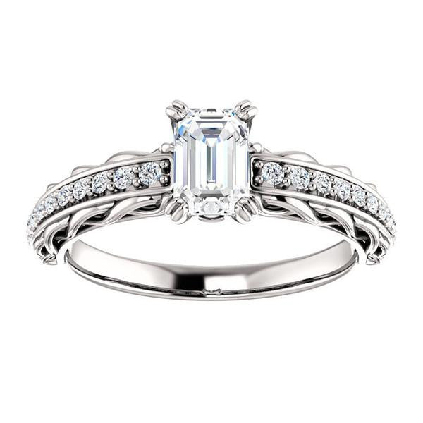 Cubic Zirconia Engagement Ring- The Melody (Customizable Emerald Cut Style with Lacy Filigree Metal Band Plus Pavé and Peekaboo Accents)