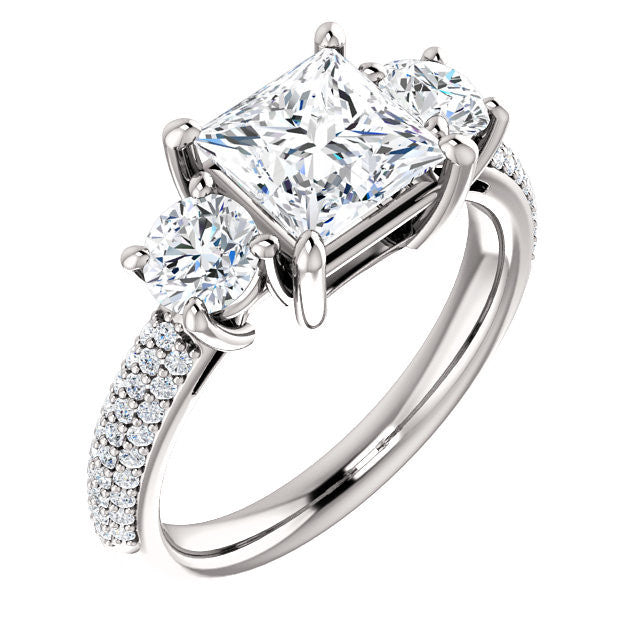 Cubic Zirconia Engagement Ring- The Nicole (Customizable Three-Stone with Round Prong and Pave Accents)