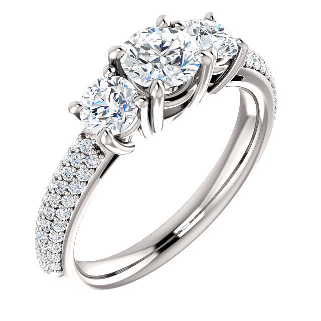 Cubic Zirconia Engagement Ring- The Nicole (Customizable Three-Stone with Round Prong and Pave Accents)