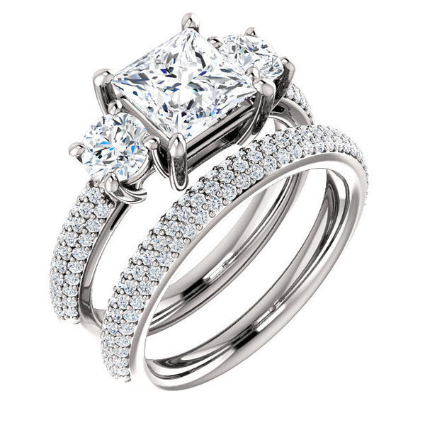 CZ Wedding Set, Style 05-24 feat The Nicole Engagement Ring (Customizable Three-Stone with Round Pave Accents)