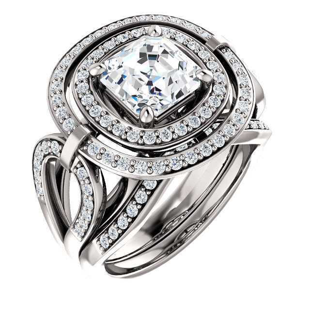 Cubic Zirconia Engagement Ring- The Heather (Customizable Setting with Split Band Double Halo)