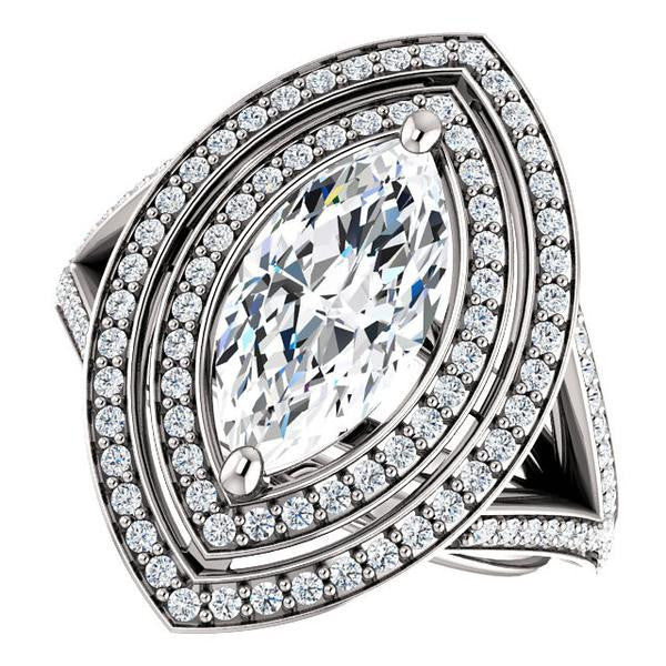 Cubic Zirconia Engagement Ring- The Miriam (Double Halo Ultra-Wide Split Pavé Band with Customizable Marquise Cut Center)