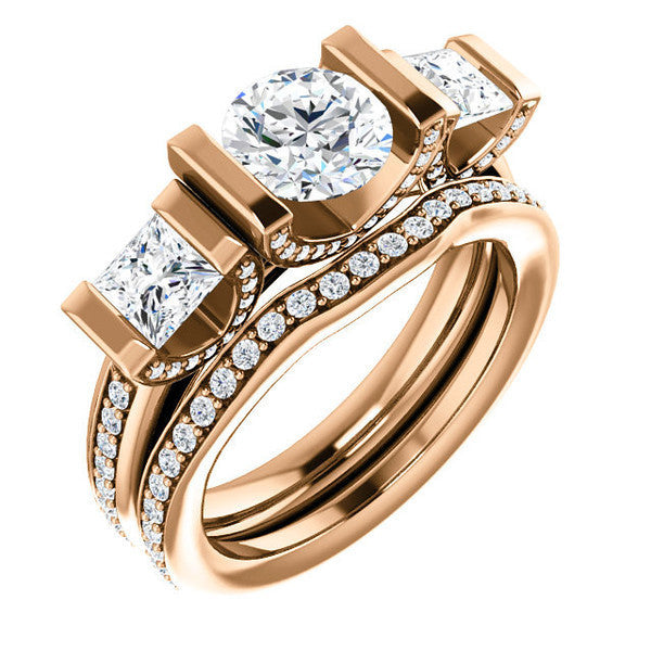 CZ Wedding Set, Style 04-24 feat The Katie engagement Ring (Customizable Bar Setting with Round Prong Accents)