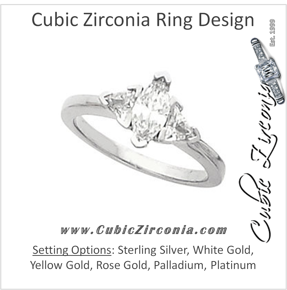 Cubic Zirconia Engagement Ring- The Donnetta (3-stone Design with Marquise Cut Center and Twin Triangle Accents)