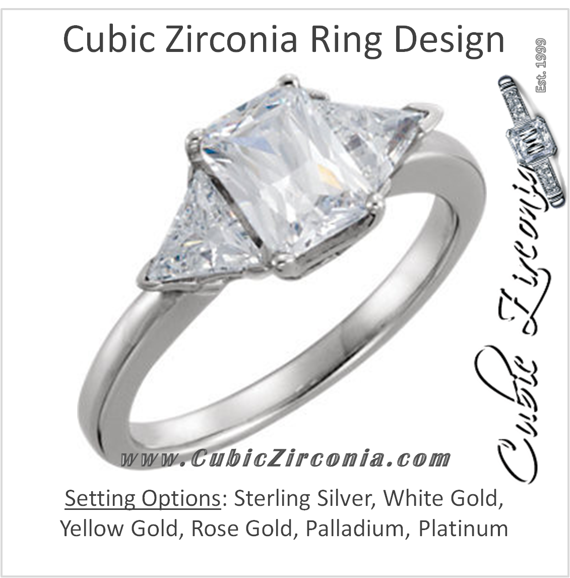Cubic Zirconia Engagement Ring- The Faye (3-stone Emerald Cut Style with Twin Triangle Cut Accents)