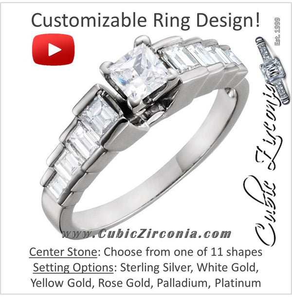 Cubic Zirconia Engagement Ring- The Melanie (Customizable Setting with 8-Stone "Stairs" Baguette Channel)