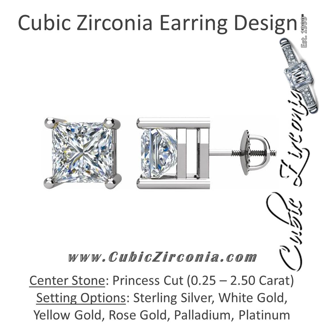 Cubic Zirconia Earrings- Customizable 4 Prong Princess CZ Stud Earring (single earring)