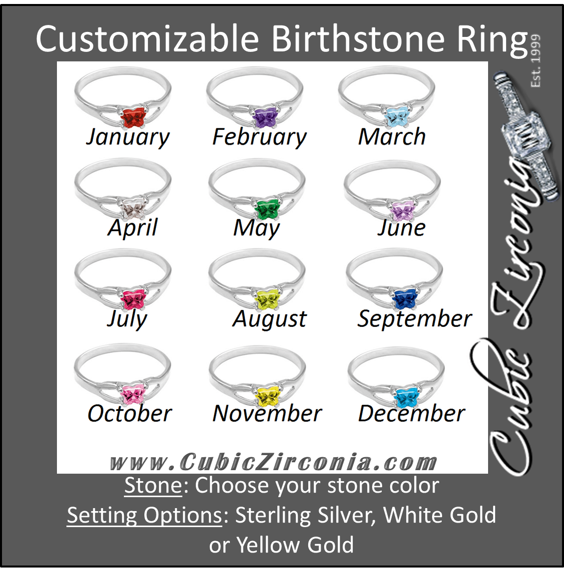 Cubic Zirconia Birthstone Ring- Customizable Butterfly Shaped CZ Birthstone Setting