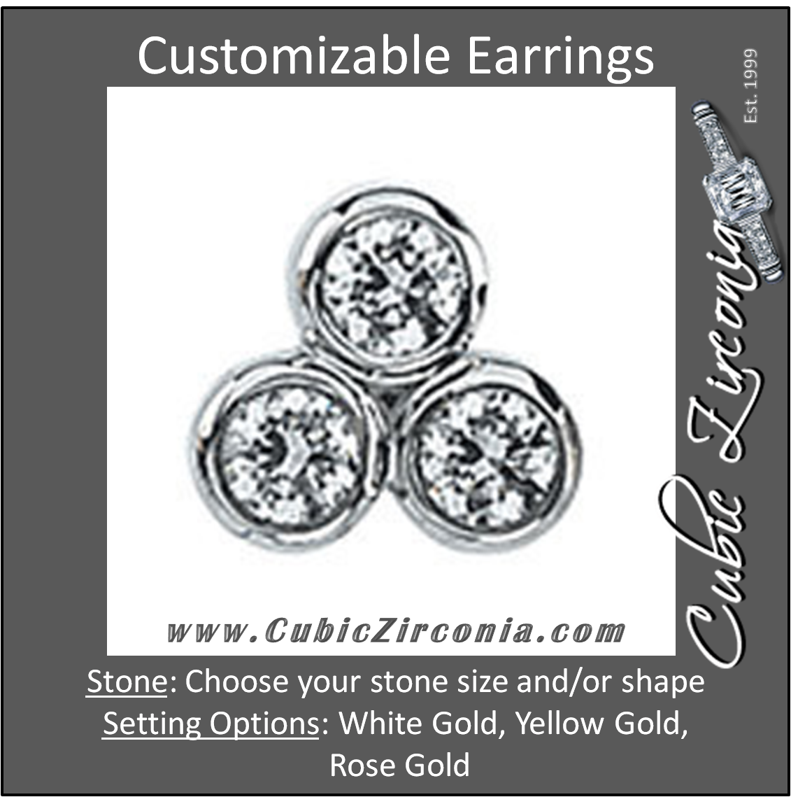 Cubic Zirconia Earrings- 3-Stone Stud