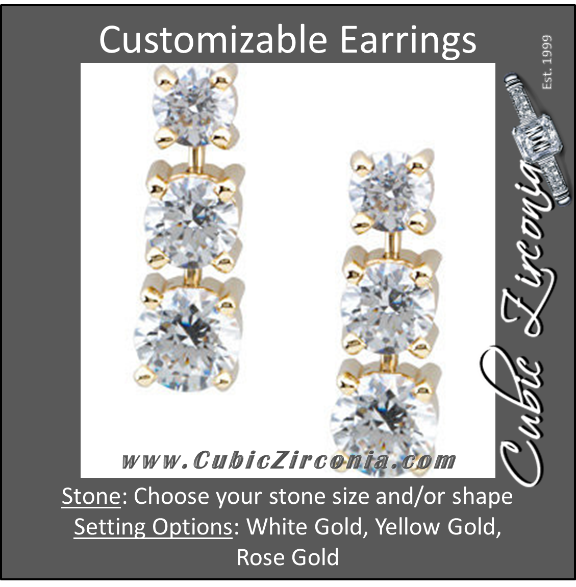 Cubic Zirconia Earrings Customizable 3 Stone Graduated Round Cut