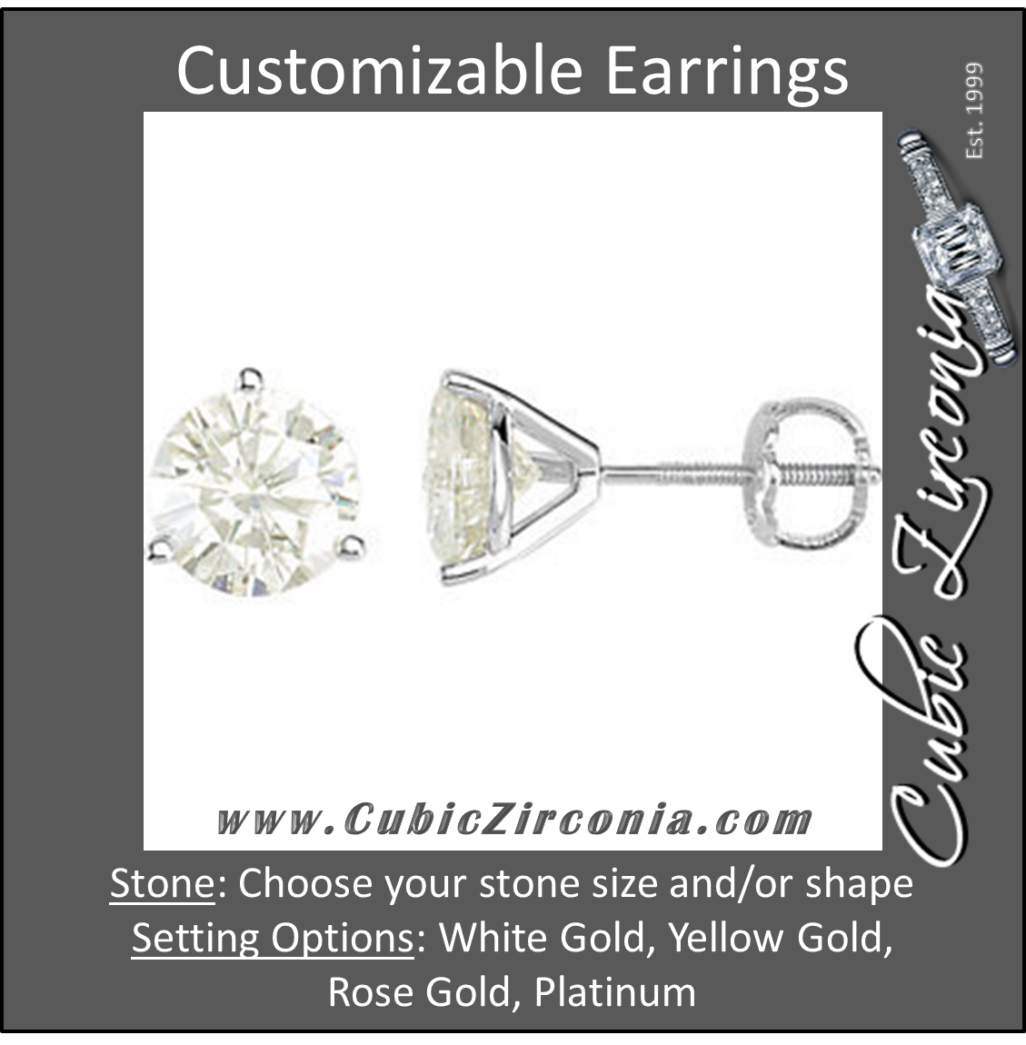 Cubic Zirconia Earrings- Customizable 3-Prong Round Cut Stud Earring Set