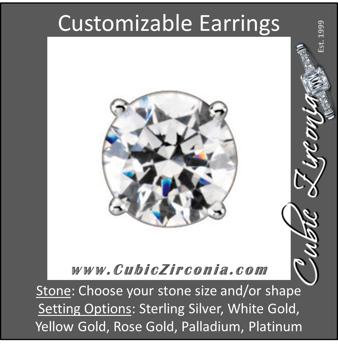 Cubic Zirconia Earrings- Customizable 4 Prong Pre-Notched Round Solitaire Stud Earring Set