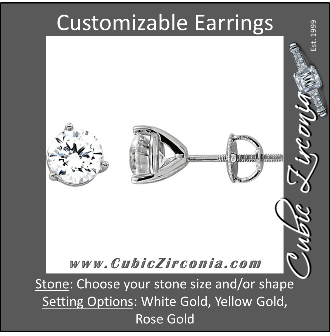 Cubic Zirconia Earrings- Customizable Round 3-prong Screw-back CZ Stud Earrings Set