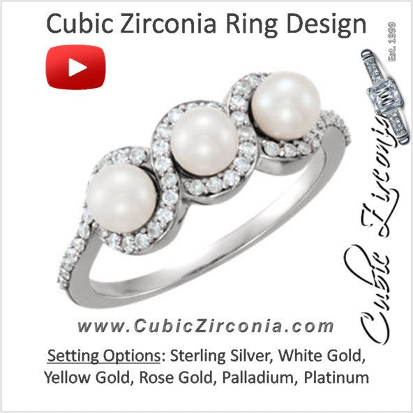 Cubic Zirconia Engagement Ring- The ________ Naming Rights 64-77 (3-Stone White Freshwater Cultured Pearl & 0.26 CTW CZ Triple Halo and Pave Band)