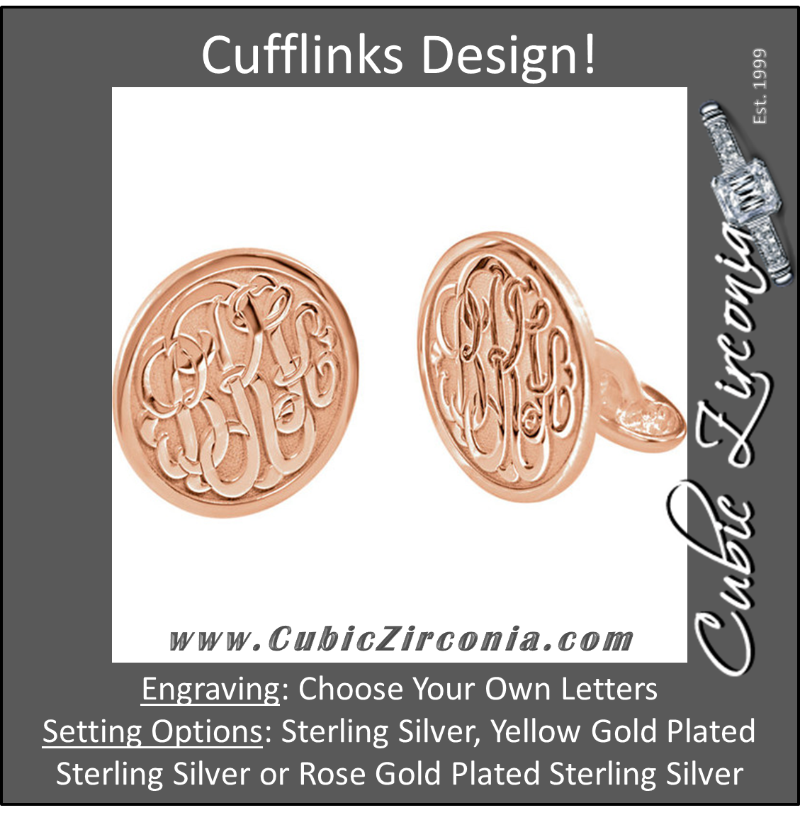 Men’s Cufflinks- Personalizable Initials 3-Letter Fancy Cursive Monogram (15x15mm)