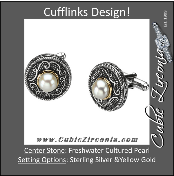 Men’s Cufflinks- Sterling Silver & 14kt Yellow Gold Freshwater Cultured Pearl Design