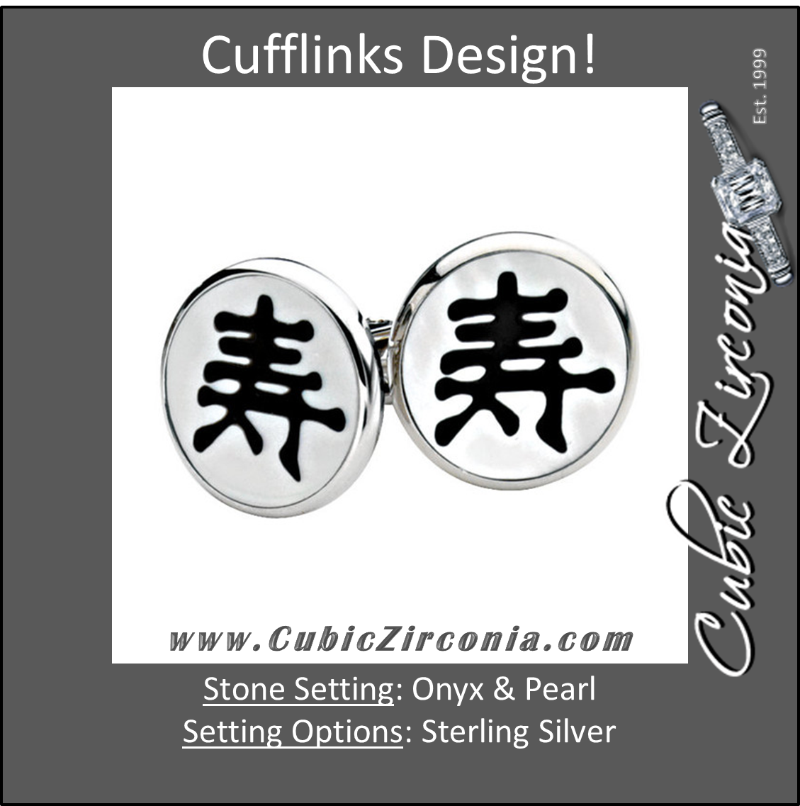 Men’s Cufflinks- Sterling Silver, Onyx & Mother of Pearl with Chinese Calligraphy Design