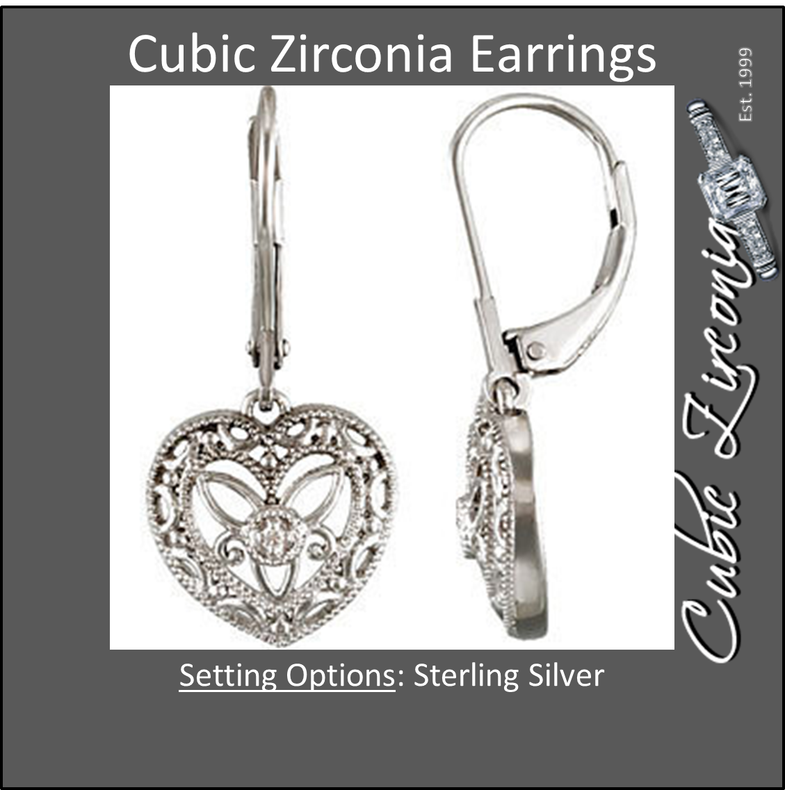 Cubic Zirconia Earrings- 0.02 Carat Heart Design CZ Lever Back Dangle Earring Set