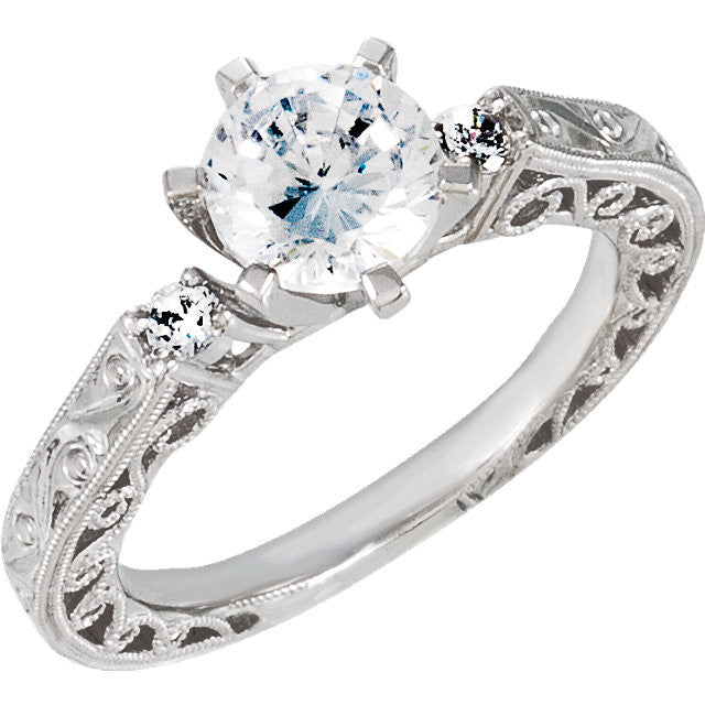 Cubic Zirconia Engagement Ring- The Shawna (Round w/ Twin Mini CZ Accents and Swirly-Pattern Hand-Engraved Band)