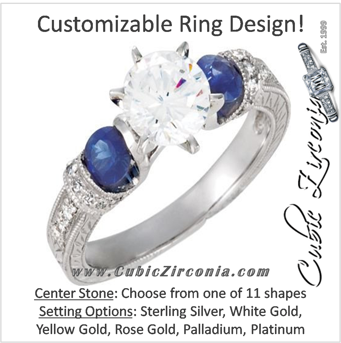 Cubic Zirconia Engagement Ring- The ________ Naming Rights 69-825 (Customizable Vintage with Engraved Band and Blue Sapphire Accents)