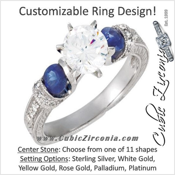 Cubic Zirconia Engagement Ring- The ________ Naming Rights 69-825 (Customizable Vintage with Engraved Band and Blue Sapphire Accents)