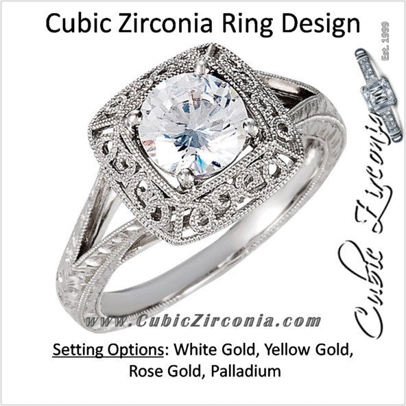 Cubic Zirconia Engagement Ring- The Angel (1 Carat Round Solitaire with Split-Band and Engraved Mega-Mounting)