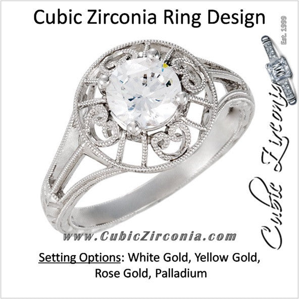 Cubic Zirconia Engagement Ring- The Anne (Round 1 Carat Solitaire with Heart-Engraved Band)