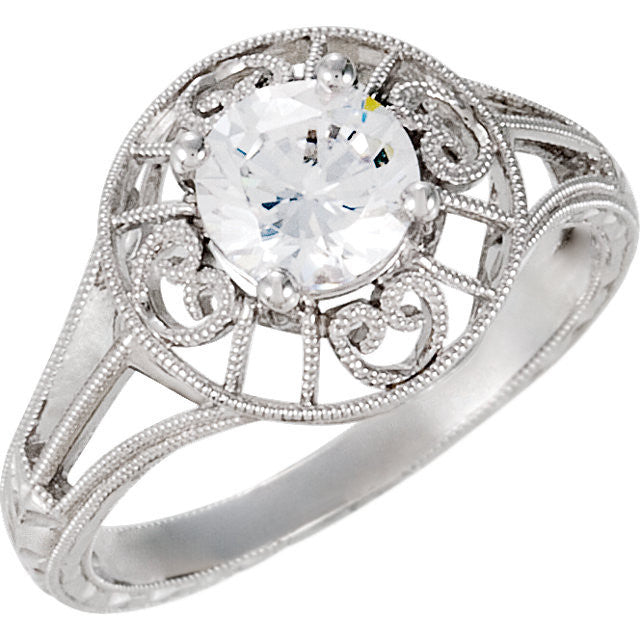 Cubic Zirconia Engagement Ring- The Anne (Round 1 Carat Solitaire with Heart-Engraved Band)