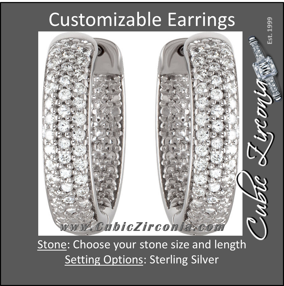 Cubic Zirconia Earrings- Customizable Sterling Silver Three Row CZ Inside/Outside Hoop Earring Set
