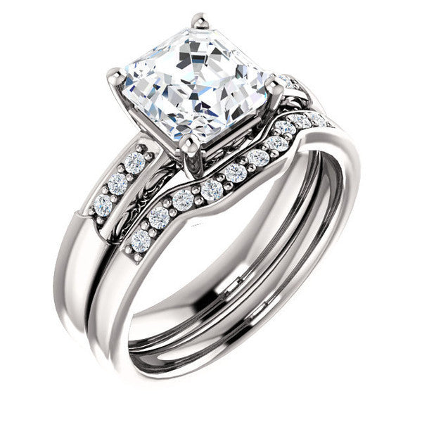 CZ Wedding Set, Style 034 featuring The Gabrielle engagement ring (Customizable Center featuring Round Side Stones and Filigree)