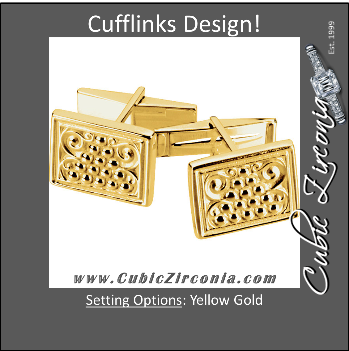 Men’s Cufflinks- Yellow Gold Rugged Style Rectangular Design with Hand-Engraving