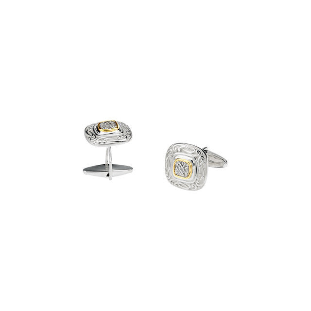 **Men's Cufflinks- 0.14 TCW 21-stone Two-tone with Hand-Engraving