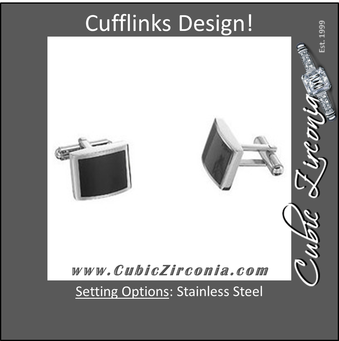 Men’s Cufflinks- Stainless Steel Rounded Rectangle with Black Enamel
