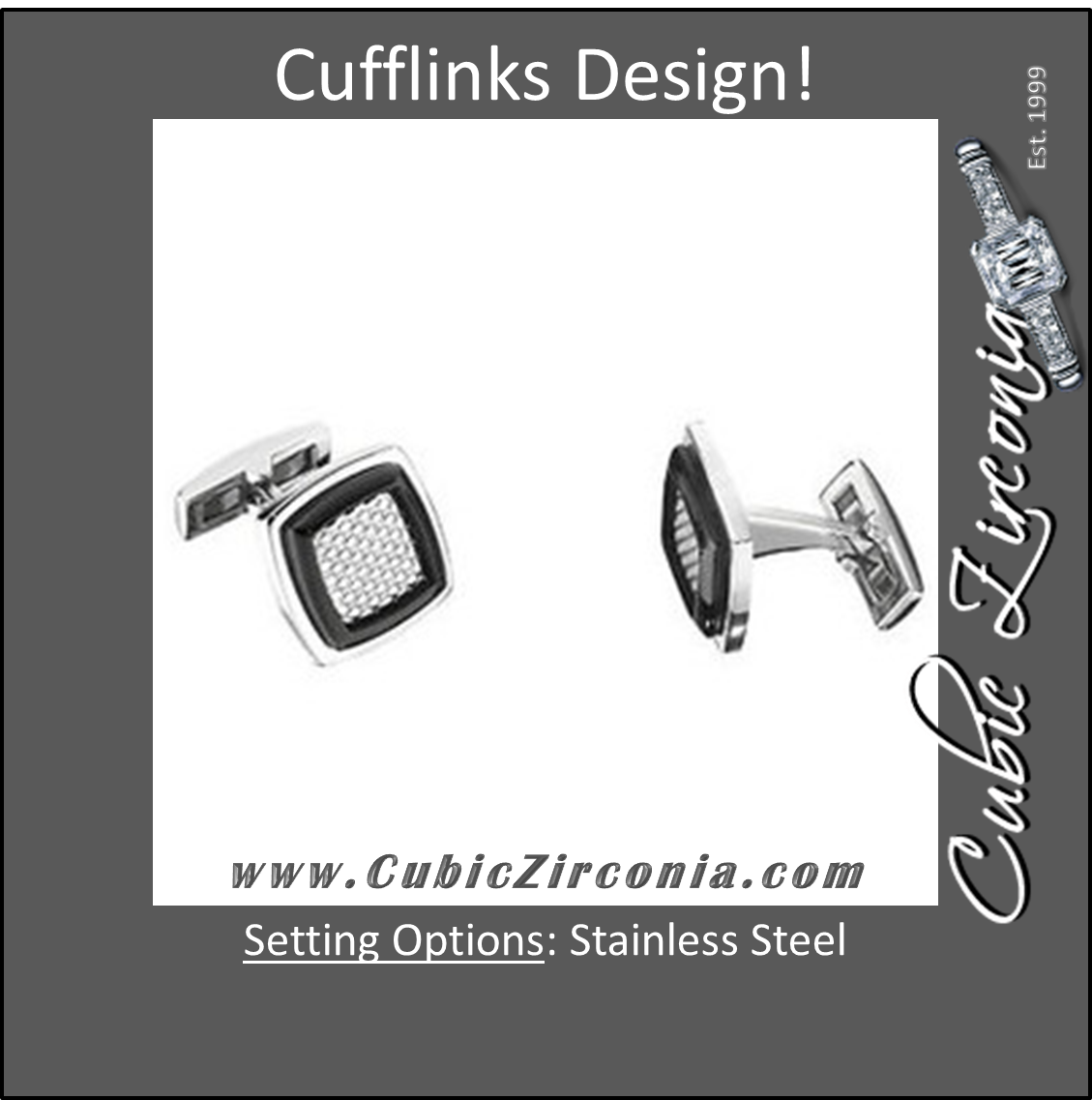 Men’s Cufflinks- Stainless Steel Rectangular Shape with Black Enamel Inlay and Textured Center