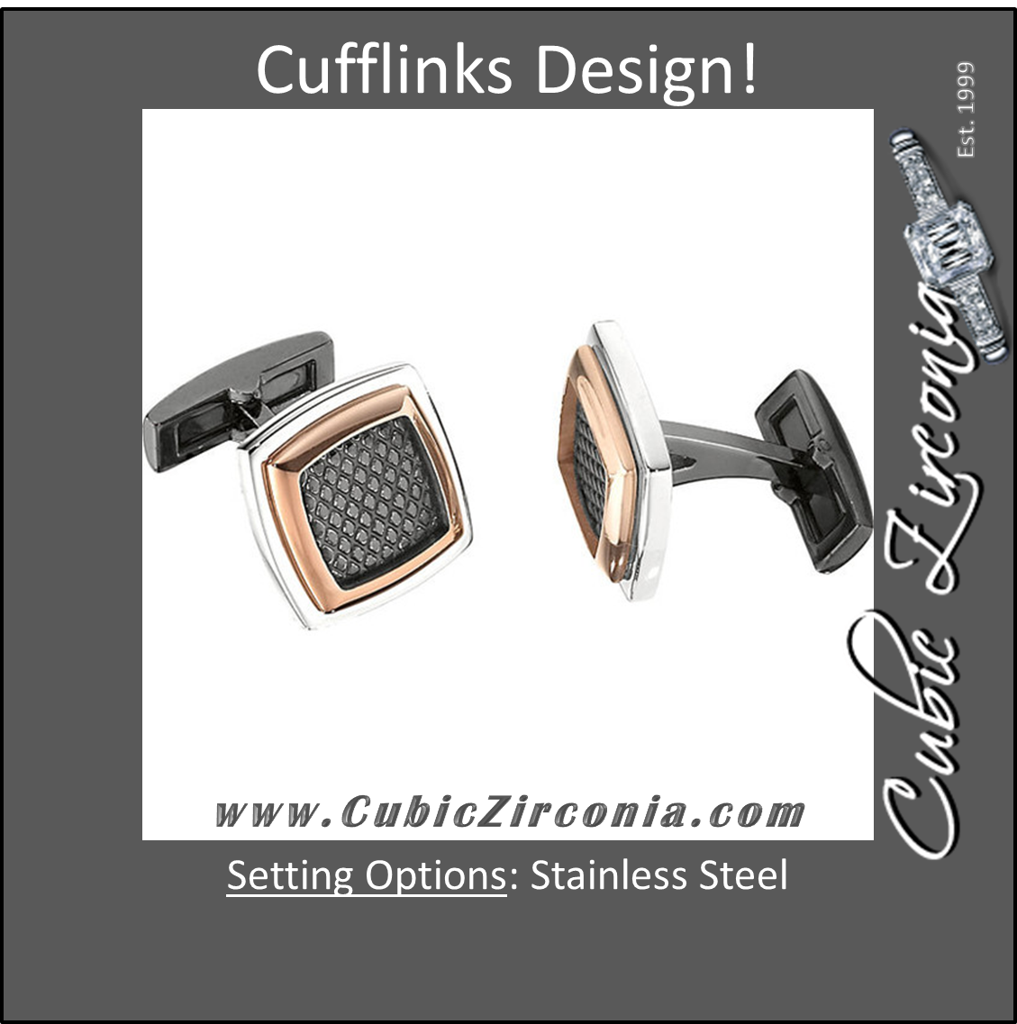 Men’s Cufflinks- Stainless Steel with Textured Black Enamel Inlay and Rose Gold Immersion Plating