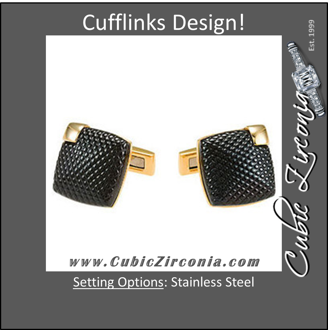 Men’s Cufflinks- Stainless Steel with Black Pebbled Enamel and Small Yellow Gold Immerse Plated Accent