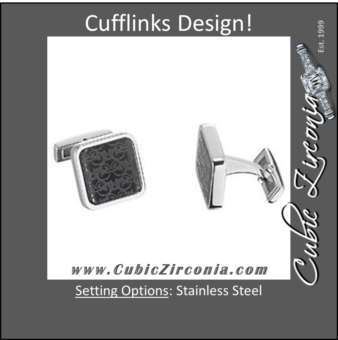 Men’s Cufflinks- Square Stainless Steel Black "Stamp Style" Fleur-de-Lis Design