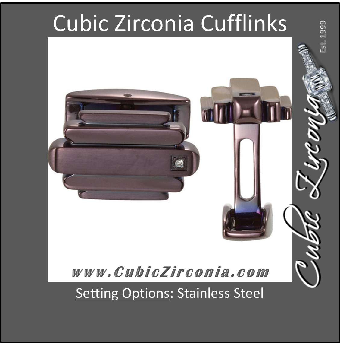 Men’s Cufflinks- Stainless Steel with CZ & Brown Immerse Plating