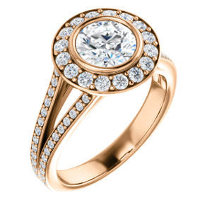 CZ Wedding Set, featuring The Maricela engagement ring (Customizable Bezel-Halo Round Cut Ring with Wide Tapered Pavé Split Band & Decorative Trellis)