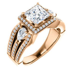 Cubic Zirconia Engagement Ring- The Tricia (Customizable Princess Cut Ultrawide Split-Pavé-Band Design with Halo & Dual Pear Cut Accents)