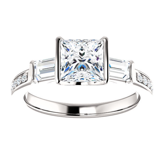 Cubic Zirconia Engagement Ring- The Naomi (Customizable Bezel-set Princess Cut Design with Dual Baguettes & Pavé Band)