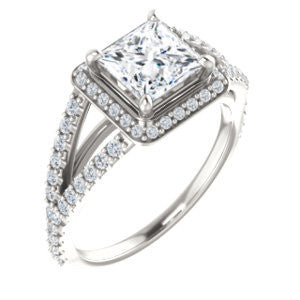 Cubic Zirconia Engagement Ring- The Azul (Customizable Princess Cut Style with Cathedral-Halo and Split-Pavé Band)