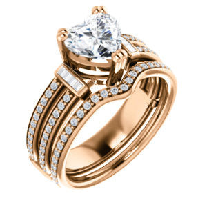 CZ Wedding Set, featuring The Kaitlyn engagement ring (Customizable Heart Cut with Flanking Baguettes And Round Channel Accents)