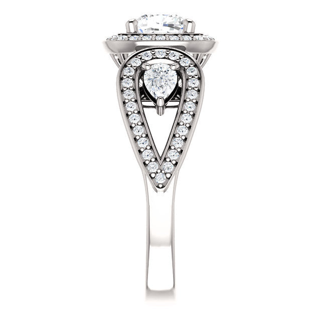 Cubic Zirconia Engagement Ring- The Luz Marie (Customizable Halo-style Cushion Cut with Split-Pavé Band & Pear Accents)