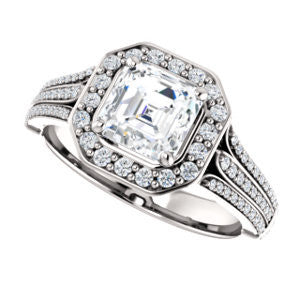 Cubic Zirconia Engagement Ring- The Frannie (Customizable Asscher Cut Style with Halo and Tri-Split Pavé Band)