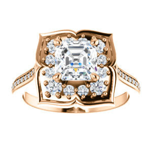 Cubic Zirconia Engagement Ring- The Lucinda (Customizable Asscher Cut Halo-Clover Style with Thin Pavé Band)