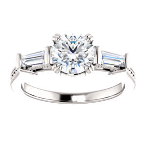 Cubic Zirconia Engagement Ring- The Kimiko (Customizable 3-stone Round Cut Design with Baguette Accents and Thin Wheat-Filigree Band)