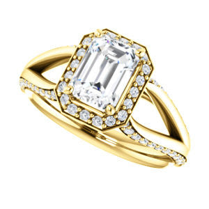 CZ Wedding Set, featuring The Gabrielle Mia engagement ring (Customizable Emerald Cut Design with Halo & Accented Three-sided Wide Split Band)