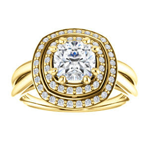 CZ Wedding Set, featuring The Brielle engagement ring (Customizable Cushion Cut Cathedral Double-Halo with Curved Split-Band)